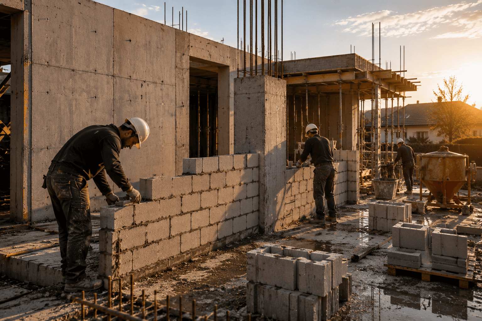 Bauarbeiter errichten ein Rohbauhaus aus Betonblöcken bei Sonnenuntergang; darüber steht Zaunerbau-Leistungsbeschreibung