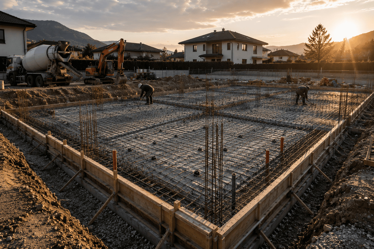 Bauarbeiter und Bagger auf einer großen Betonfundament-Baustelle bei Sonnenuntergang, mit Schalung und Bewehrungsgitter