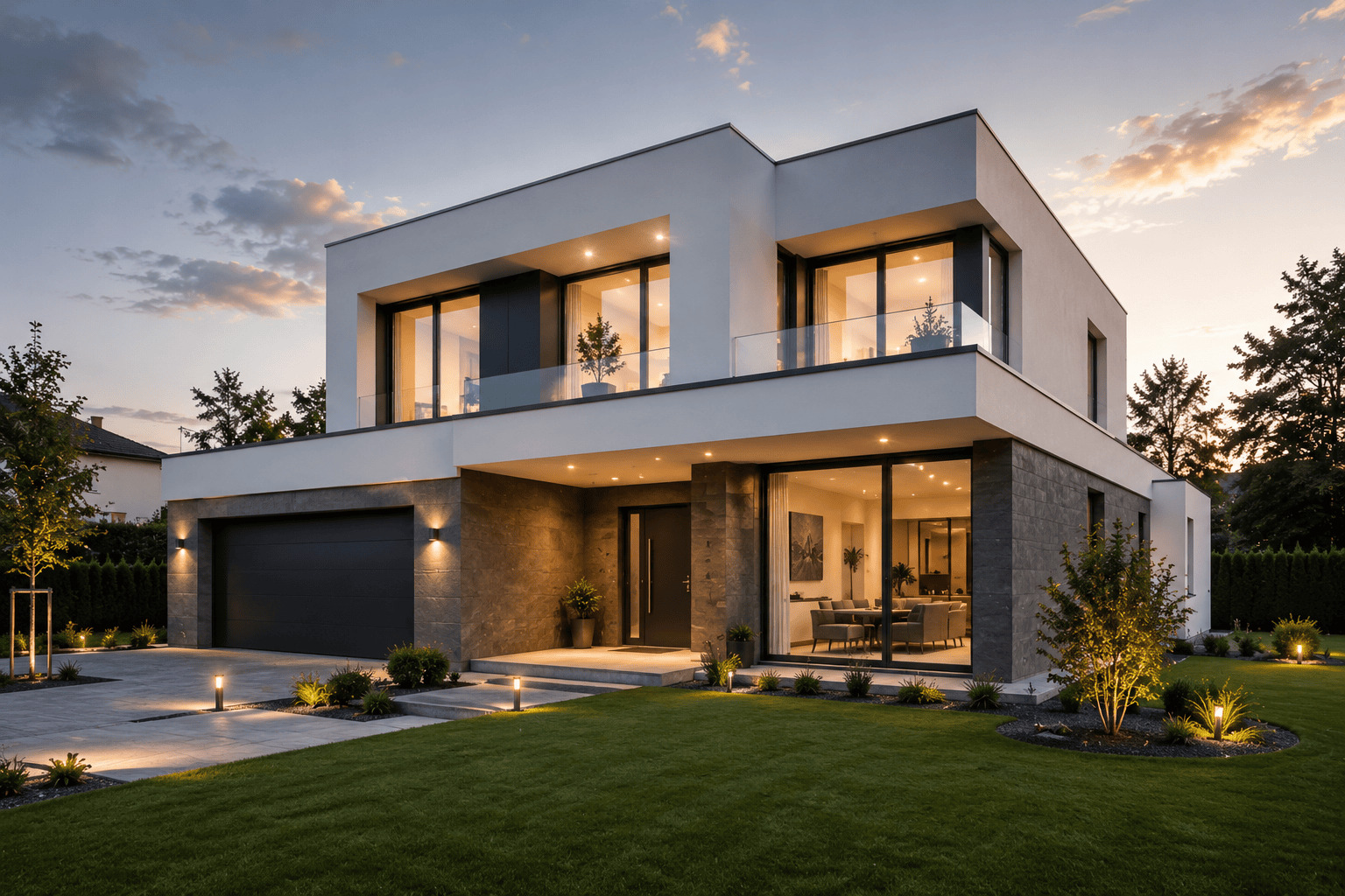 Modernes zweigeschossiges Einfamilienhaus mit beleuchteter Fassade, Garage und gepflegtem Garten bei Abenddämmerung