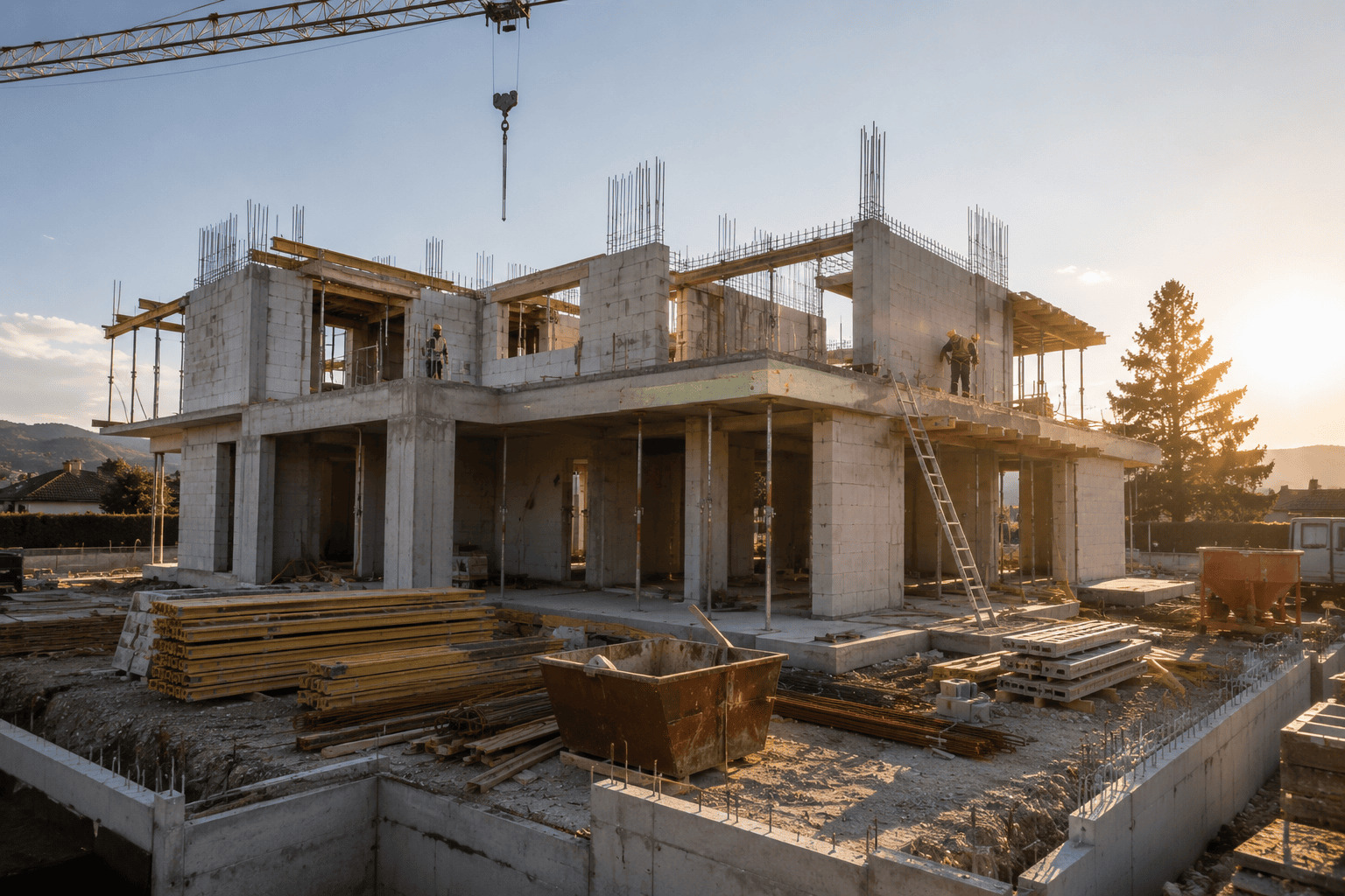 Rohbau eines zweigeschossigen Hauses mit Bauarbeitern, Kränen und Baumaterial im Sonnenuntergang