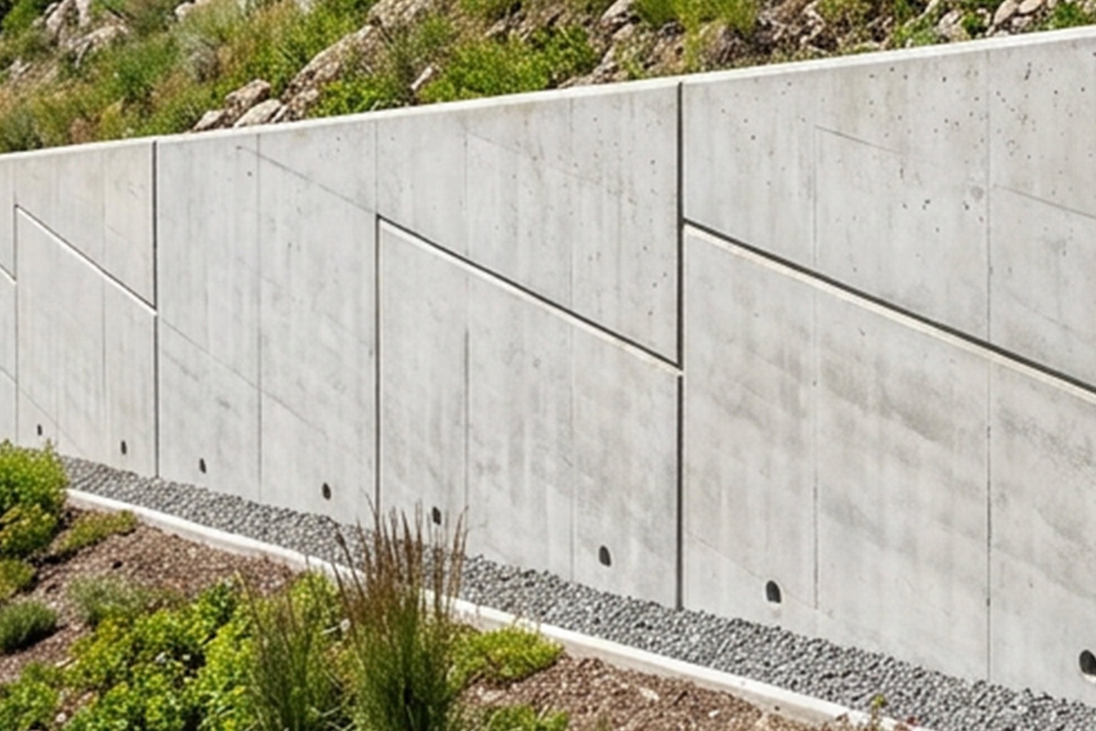 Moderne Betonstützwand mit gestuftem Gartengestaltungselement und Kiesstreifen in Hanglage