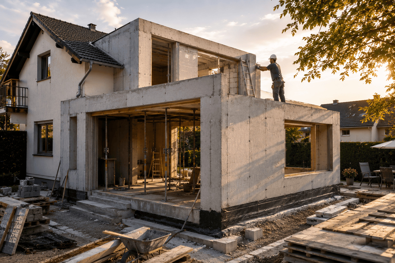 Hausanbau im Rohbau mit Bauarbeiter auf dem Dach bei Sonnenuntergang