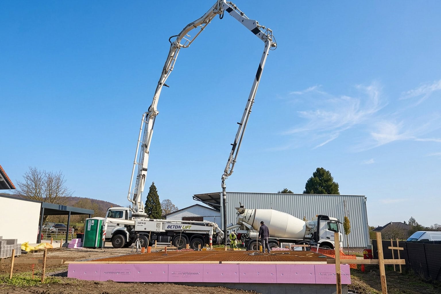 Betonpumpe und Mischwagen auf einer Baustelle vor einem Neubau im Freien